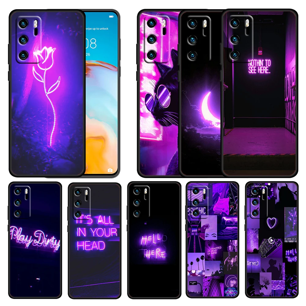 

Purple Colour Neon Light for Huawei P50 P40 E P30 P20 P10 P9 P8 Pro Lite mini 5G Soft TPU Silicone Black Phone Case Cover