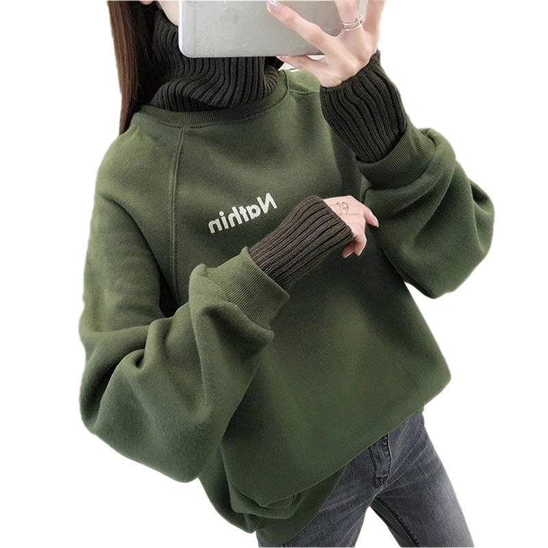 

CN 2020 Autumn Winter Women Sweatshirt Fashion Turtleneck Pullover Loose Fake Two piece O Neck Printed Letter Sweatshirt Women