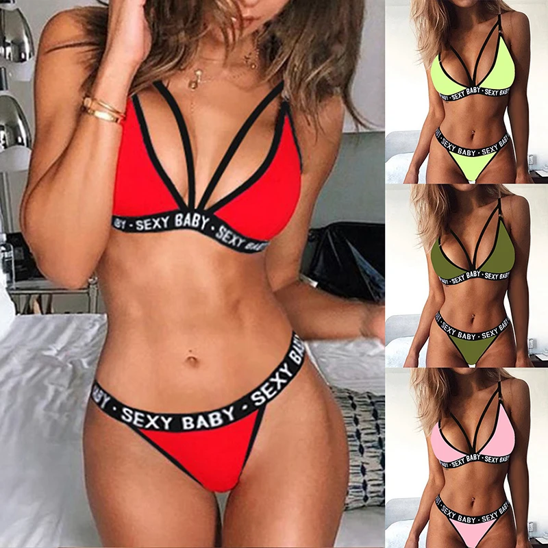 

Fashion Women Letter Solid Patchwork Push Up Top Bra Underpant Set Sexy Sexy Lingerie Underwear G-String Set