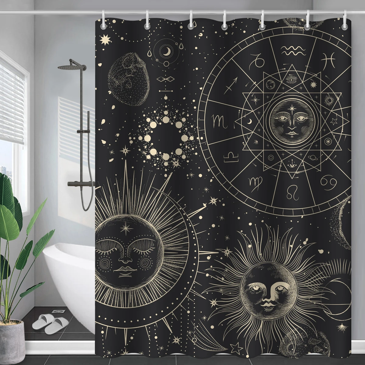 black shower curtain sun and moon modern constellation abstract mysticism duschvorhang bathroom waterproof curtains with hooks free global shipping