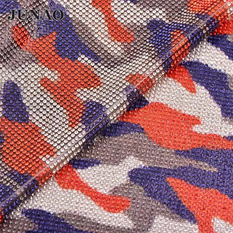 Camouflage Blue JUNAO 24*40 см, блестящие разноцветные стеклянные стразы, сетчатая отделка, горячая фиксация, Кристальные тканевые листы, Стразовая лента для аппликации, для одежды, рукоделия - Цвет: Camouflage Blue