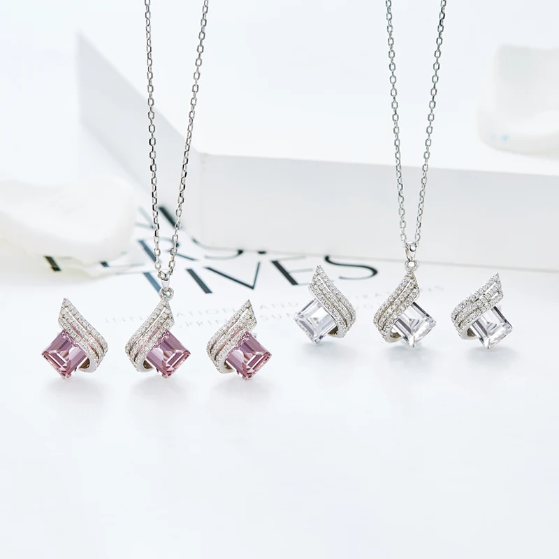 Женский комплект свадебных украшений Cdyle из колье и сережек с розовым цирконием