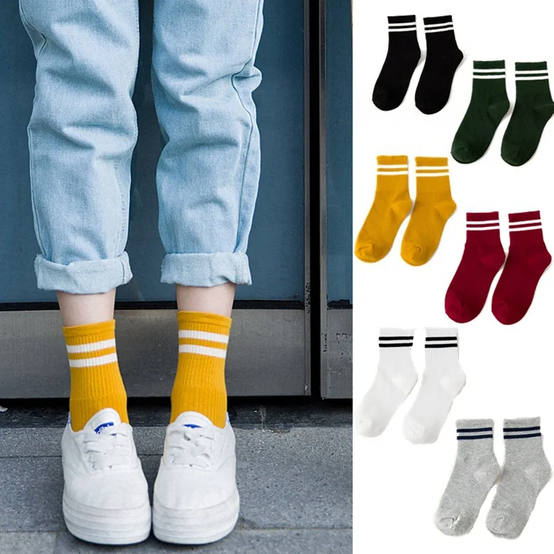 

1Pair Unisex Women Socks Classic Two Stripes Soft Cotton Ankle Socks Breathable Retro Casual Comfortable Short Ladies Socks