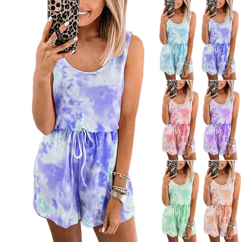 

Tie Dye Print Sleeveless Jumpsuit Women Elegant Bright Pink Backless Drawstring Playsuit Romper Lady Casual Shorts Romper