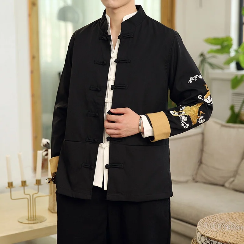

Male Clothes 2021 Embroider Crane Tang Suit Traditional Chinese Clothing For Men Shirt Top Jacket Cheongsam Hanfu Vintage KK3442