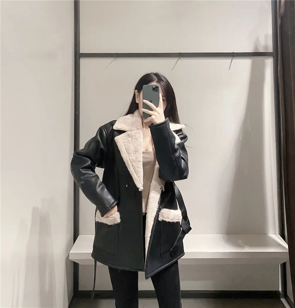 

2021 autumn and winter new fashion ladies coat fur stitching one thick warm long-sleeved lapel tie casual retro loose top