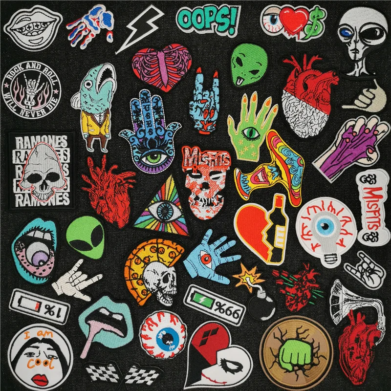

Rock n Roll Embroidered Patch for Clothes Sewing Supplies Decorative Badge Grotesque Skull Palm Ironing Sticker Clothing Patches