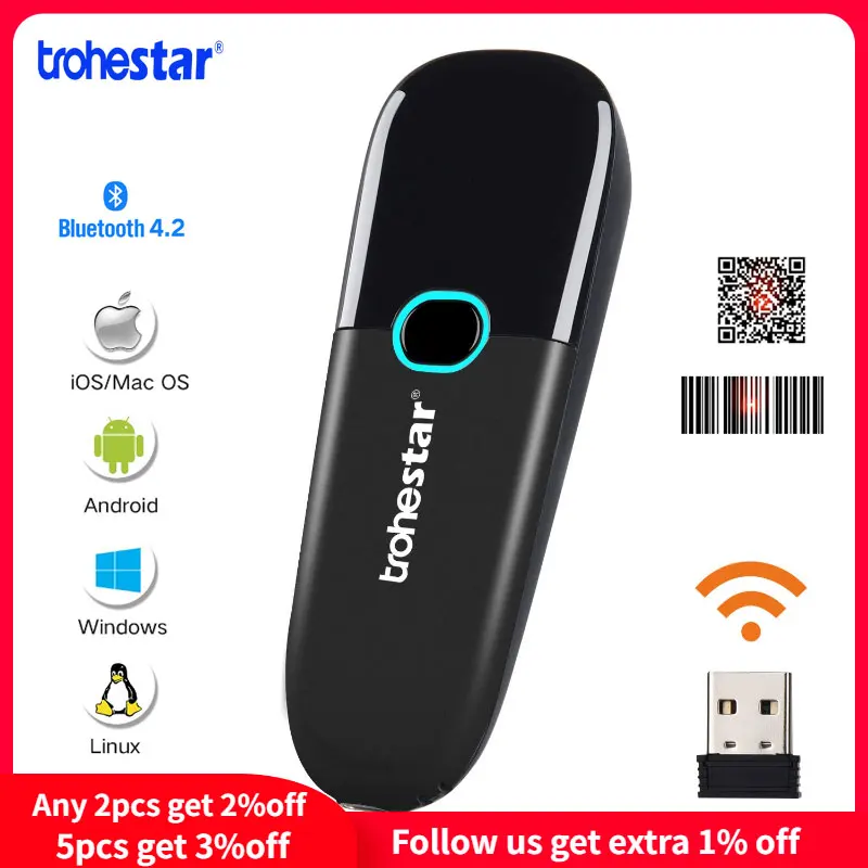 

Trohestar Wireless Barcode Scanner 1D/2D QR Bar Code Reader 2.4GHz Scanner for IOS Android leitor de codigo de barra 2D Scanner