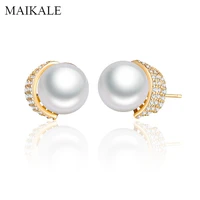 maikale luxury pearl stud earrings for women cubic zirconia earrings gold crown ear studs female jewelry accessories gift