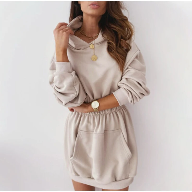 hirigin Autumn Hooded Female Sweatshirts Women Hoodies Dress Long Sleeve Pocket Elastic Waist Hoodie 2020 Streetwear Casual Lady