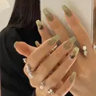 Носимые накладные ногти с квадратной головкой, съемные летние накладные ногти с рисунком зеленой бабочки, накладные ногти с полным покрытием, накладные ногти