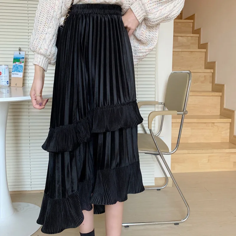 

Beige Black Fashion Korean Ruffle Midi Long A-line Skirt Women Casual Spring Summer High Waist Irregular All-match Skirts Female