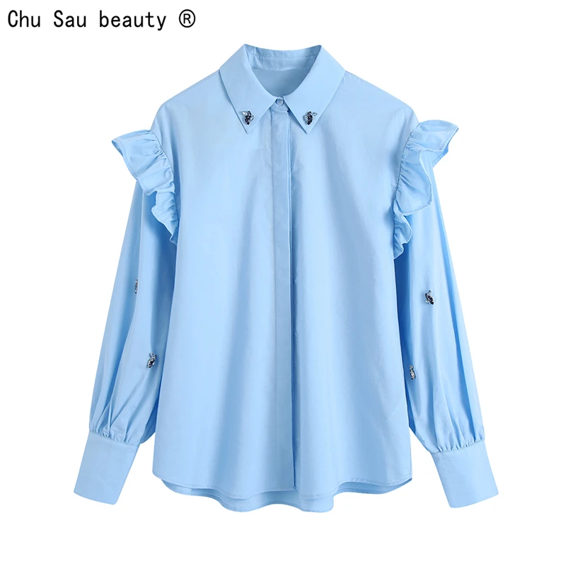 

French Vintage 2021 Autumn New Fashion Elegant Casual Ruffles Jewelry Inlay Single Breasted Folds Loose Shirt For Women