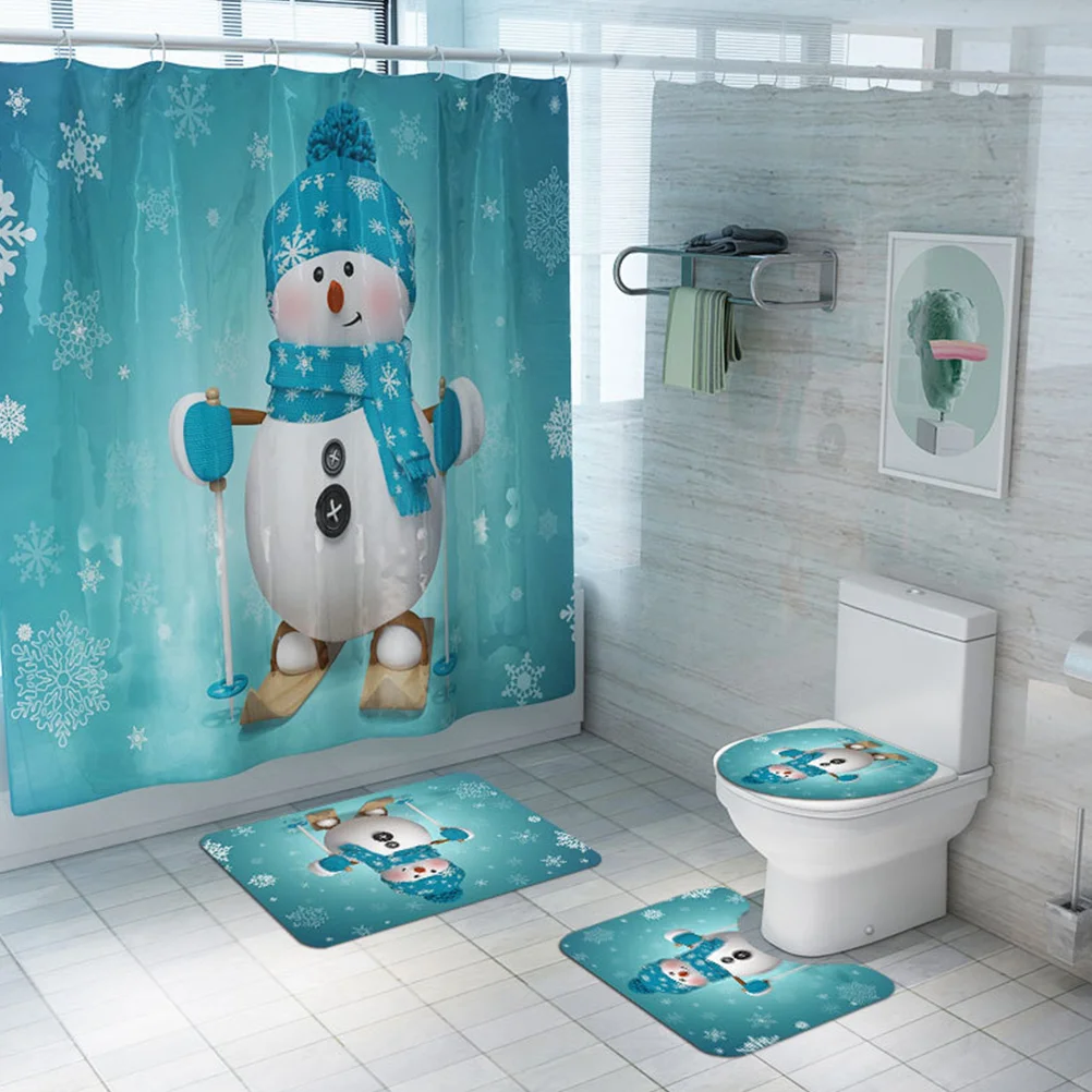 

4PCS Christmas Printing 4 in 1 Shower Curtain Bathroom Pads Set Anti-slip Carpets Mat Waterproof Snowman Shower Curtain Toilet