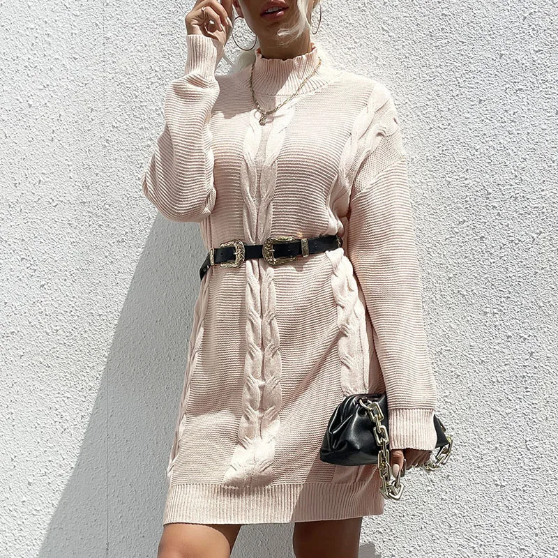 

Twist mid-length knit sweater half high collar retro sweater skirt women 2021 Autumn and winter new vintage club dress