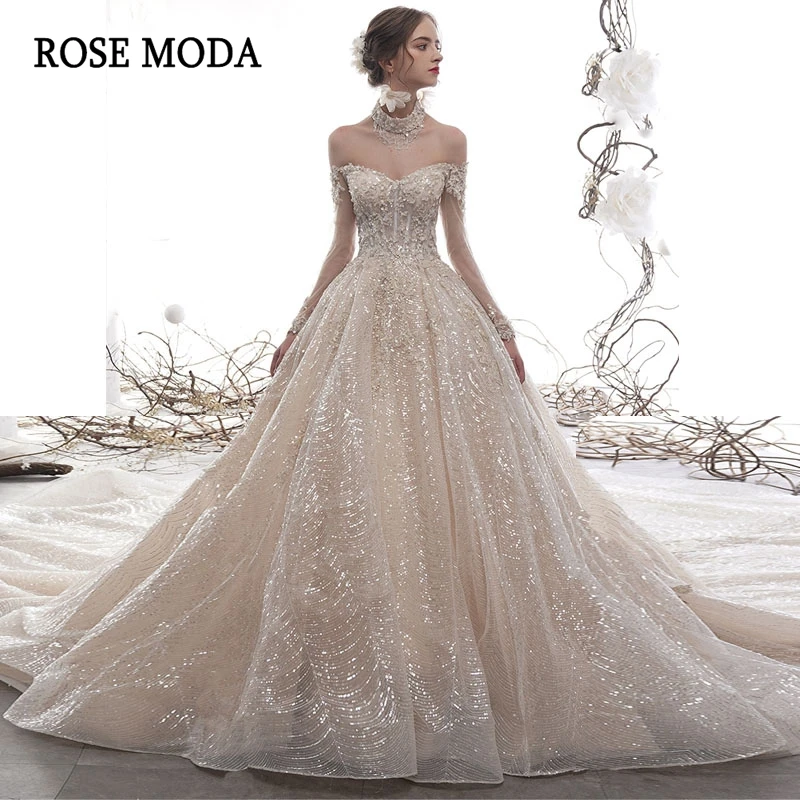 

Женское свадебное платье с длинным шлейфом Rose Moda, роскошное блестящее кружевное бальное платье с открытыми плечами и длинными рукавами, 2020