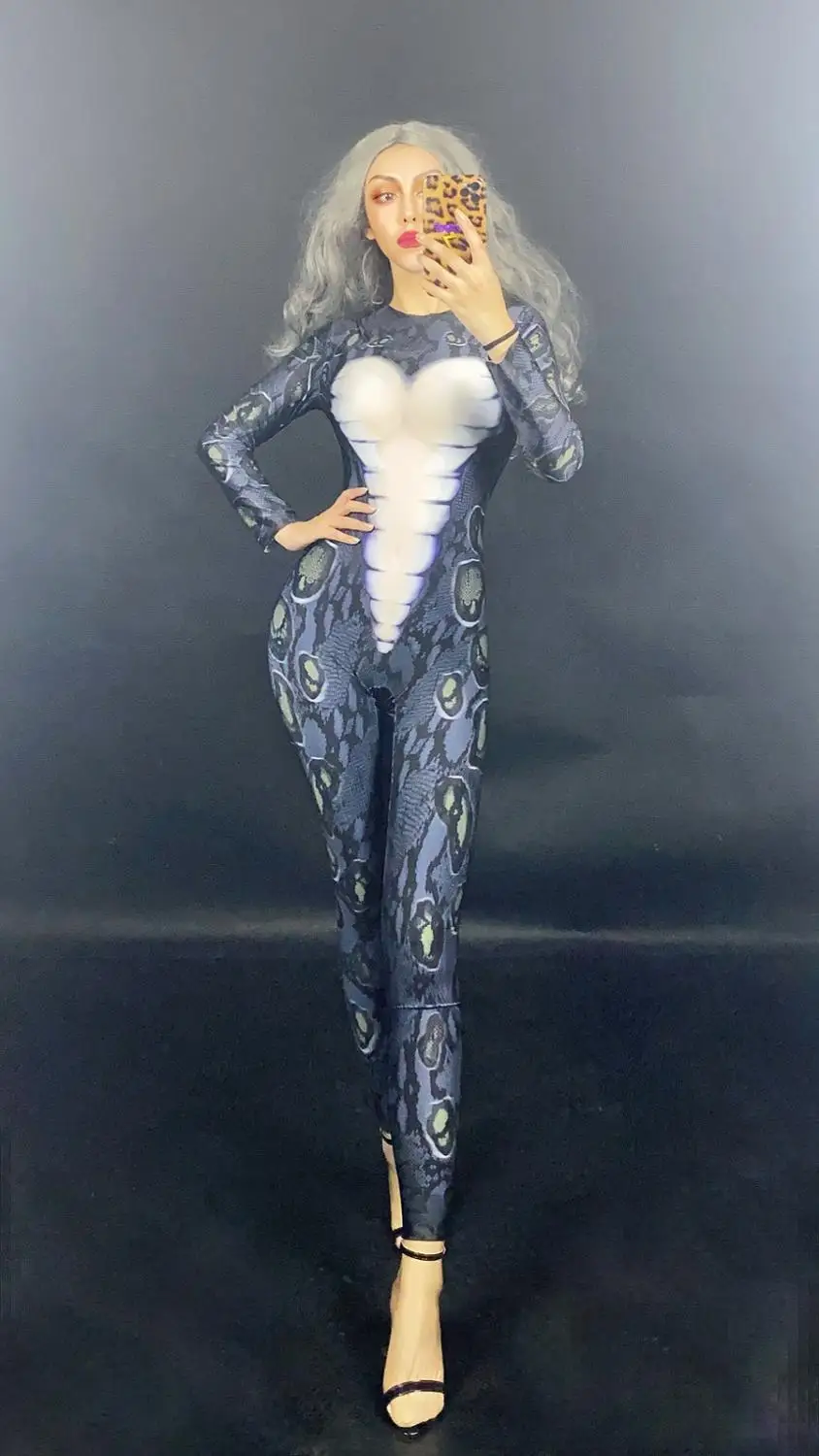 Women Sexy Stage Women Long Sleeve Turtleneck Bodysuit Slim Romper Tops Snake Skin Print Clubwear Party Jumpsuit Leotard