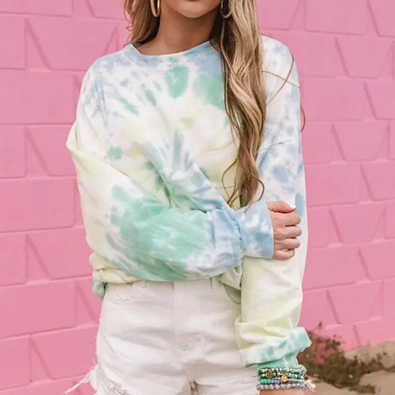 

Women Long Sleeve O-Neck Sweatshirt Colorful Spiral Tie-Dye Loose Pullover Tops F3MD