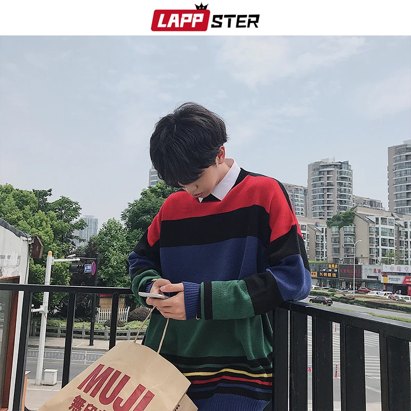 LAPPSTER мужской свитер в полоску Harajuku зимний Корейский модный свитер для улицы мужской хип хоп большой пуловер Одежда