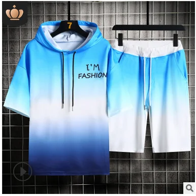 

Hip hop Fashion Men's Short-sleeved T-shirt Trend Summer Hooded Kpop Shirt Cool and Breathable Two Piece Suits Casual Cotton