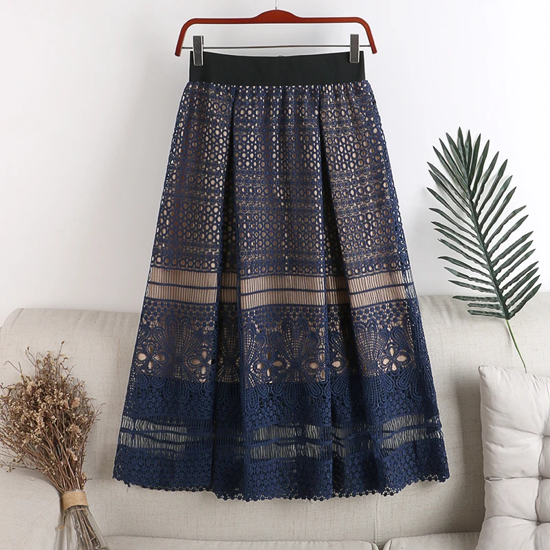 New Women Lace Skirt Female Fashion A-line Mid-calf Solid Elastic Waist Fashion Skirts Ladies Hollow Out Crochet Swing Skirts