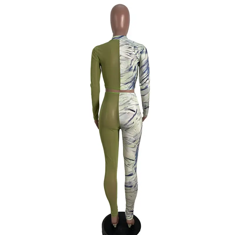 

Womens Two piece Sexy Chiffon mesh stitching long sleeve printing bundle tracksuits