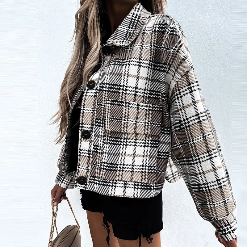 

Turn Down Collar Button Patchwork Women Plaid Jacket Stripe Print Lapel Long Sleeve Casual Coat Female Spring Autumn Loose Coat