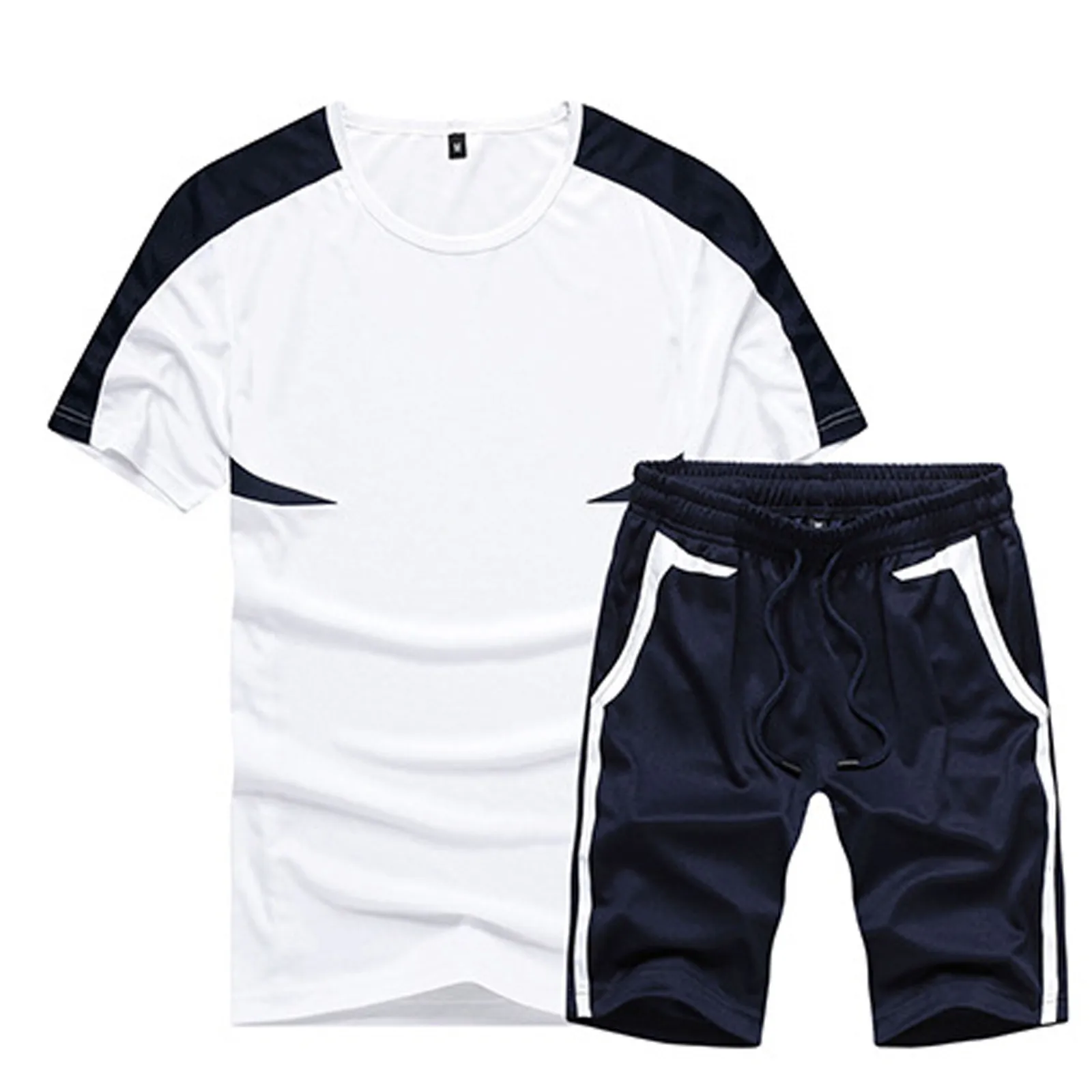 

Summer Men Casual Patchwork Colors Breathable O-Neck Short-sleeved Drawstring Shorts Running Sports Suit Refreshing Fitness