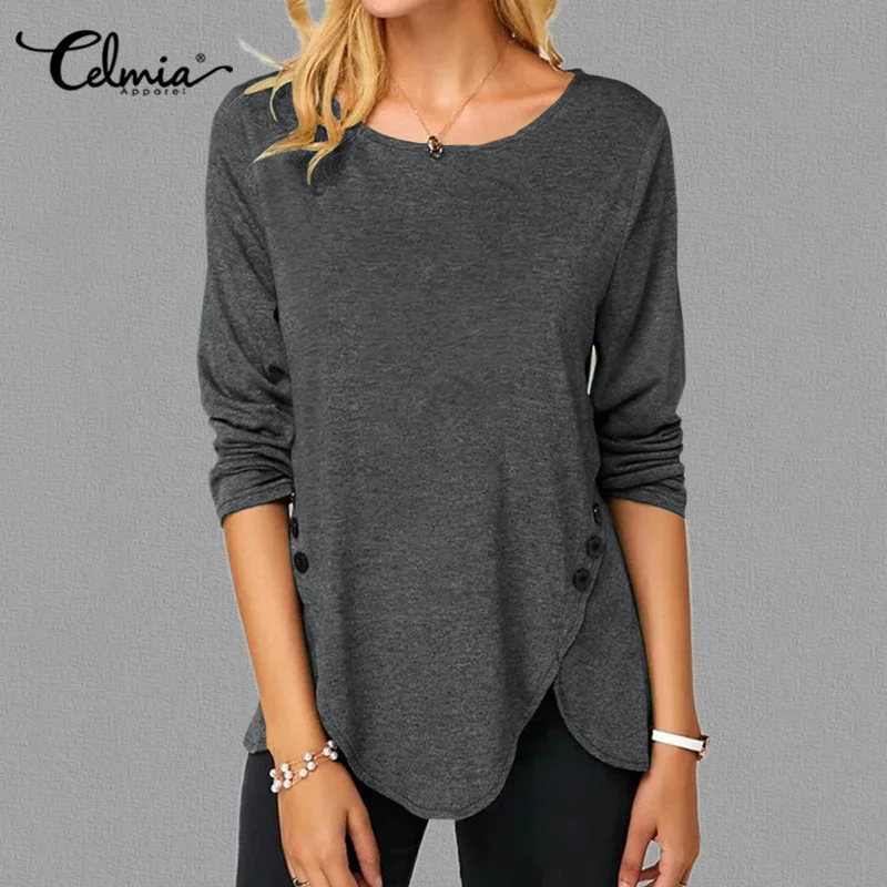 

Celmia 2021 Vintage Women Blouses Long Sleeve Basic Tops Casual Loose Round Neck Buttons Asymmetrical Top Solid Blusas Femininas
