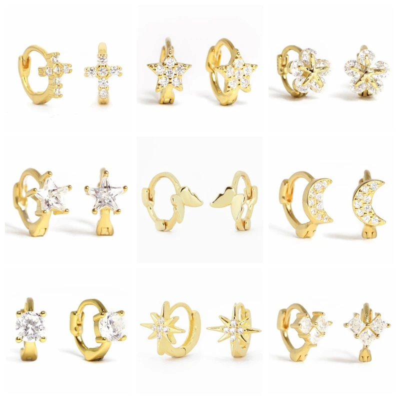 

Aide 925 Sterling Silver White CZ Crystal Star Moon Cross Flower Huggie Earrings Tiny Circle Second Hole Cartilage Hoop Earrings