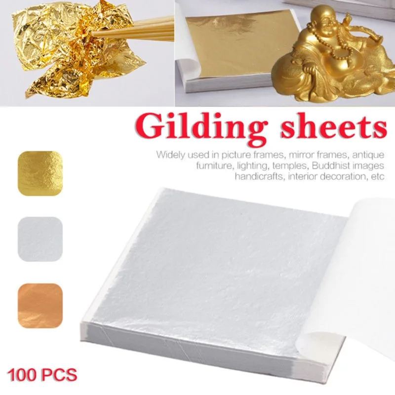 100Pcs 8*8.5cm Sheets Imitation Gold Foil Leaf Gilding for Food Cake Decor Funiture Lines Wall Crafts Eatable Gold Sliver Paper images - 6