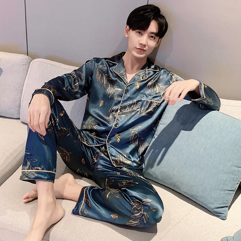

Plus Size L-5XL Mens Silk Satin Pyjamas Set Spring Long Sleeve Sleepwear Soft Pajama Autumn Homewear Suit