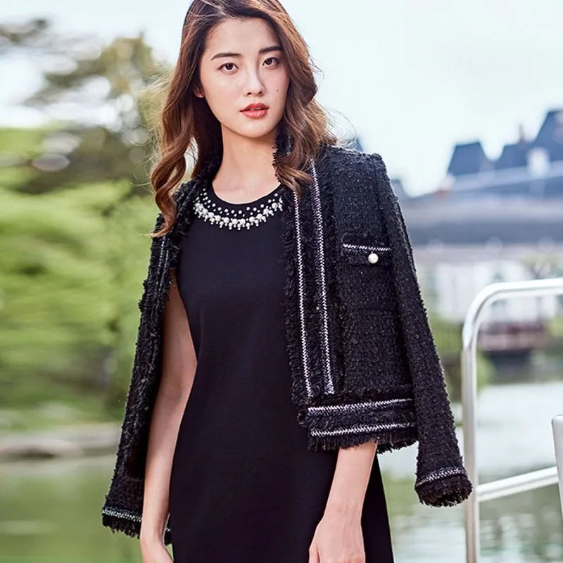 

Black Fashion Wool Jacket Ladies Stand Collar Twill Coats Slim Fit Tassel Short Tweed Woolen Coat Womens Elegant High Quality