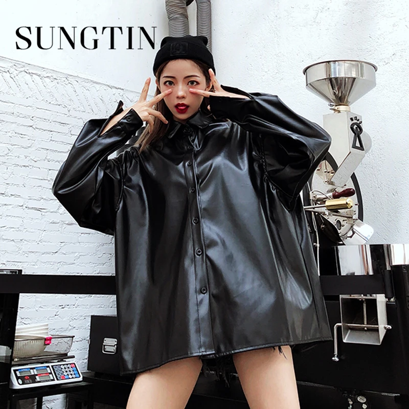 Sungtin женские рубашки оверсайз из искусственной кожи черные с длинным рукавом