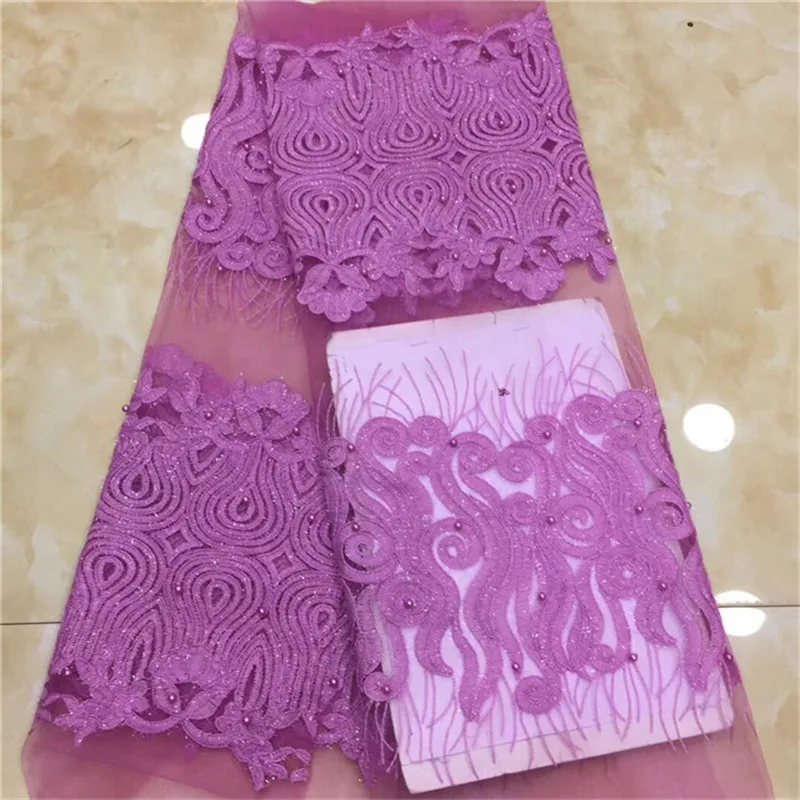 

2019 New African Lace Fabrics High Quality Good Price Pink Beaded sequins Unique Pattern Embroidery French Tulle Lace Fabric