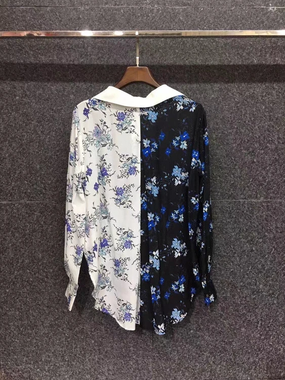 

2021 early spring new fashion women's lapel V-neck color matching irregular printing long-sleeved shirt 104