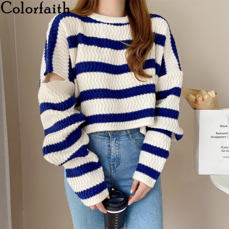 

Colorfaith 2021 New Autunm Winter Women Sweaters Cutout Striped Vintage Oversized Fashionable Elegant Lady Short Tops SW1569JX