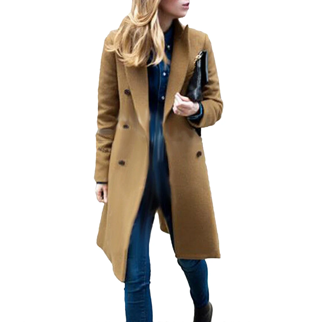 Зимнее весеннее шерстяное длинное пальто женское двубортное пальто с воротником с лацканами модное однотонное тонкое женское Шерстяное Пальто Верхняя одежда