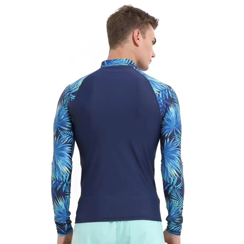 

Floral Men UPF 50+ Long Sleeve Rashguard Splice UV Sun Protection Basic Skins Surfing Diving Swimming T Shirt Blue Black M 3XL