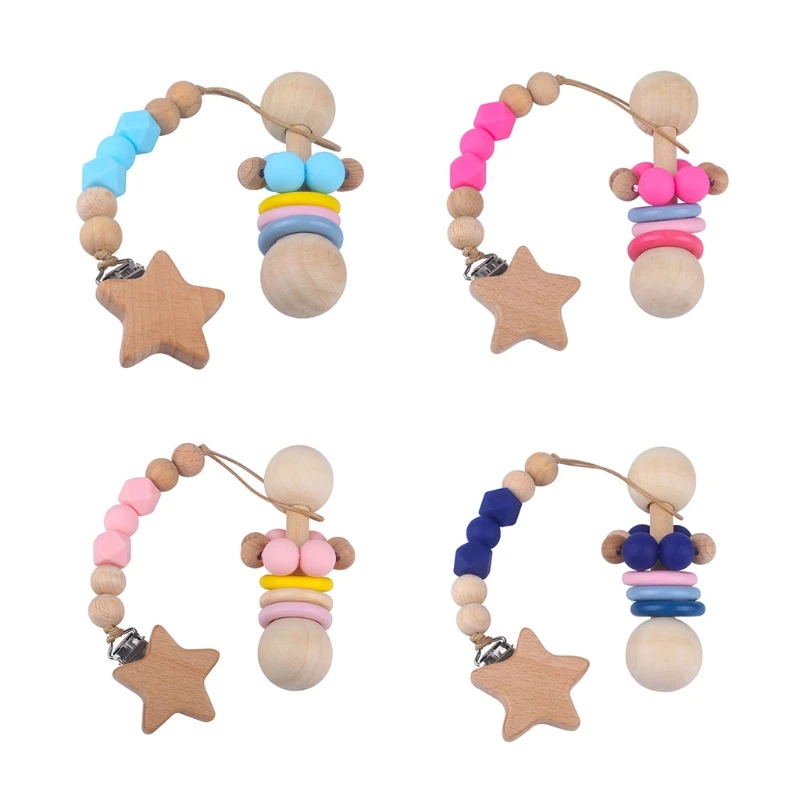 

Baby Pacifier Chain Clip Rattle Set Nipple Dummy Holder Wooden Teething Soother Toy Newborn Teether Molar Gifts
