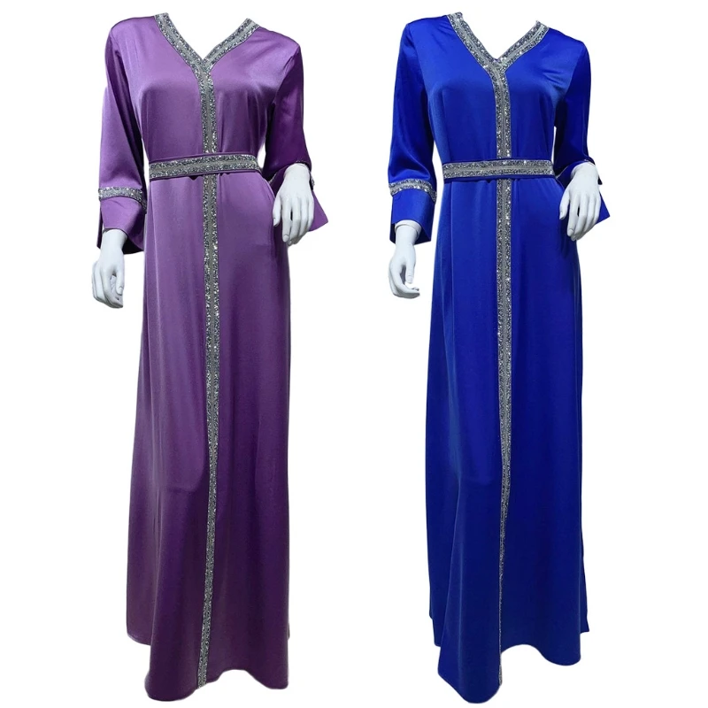 Женское атласное платье-макси с поясом и V-образным вырезом | Тематическая одежда