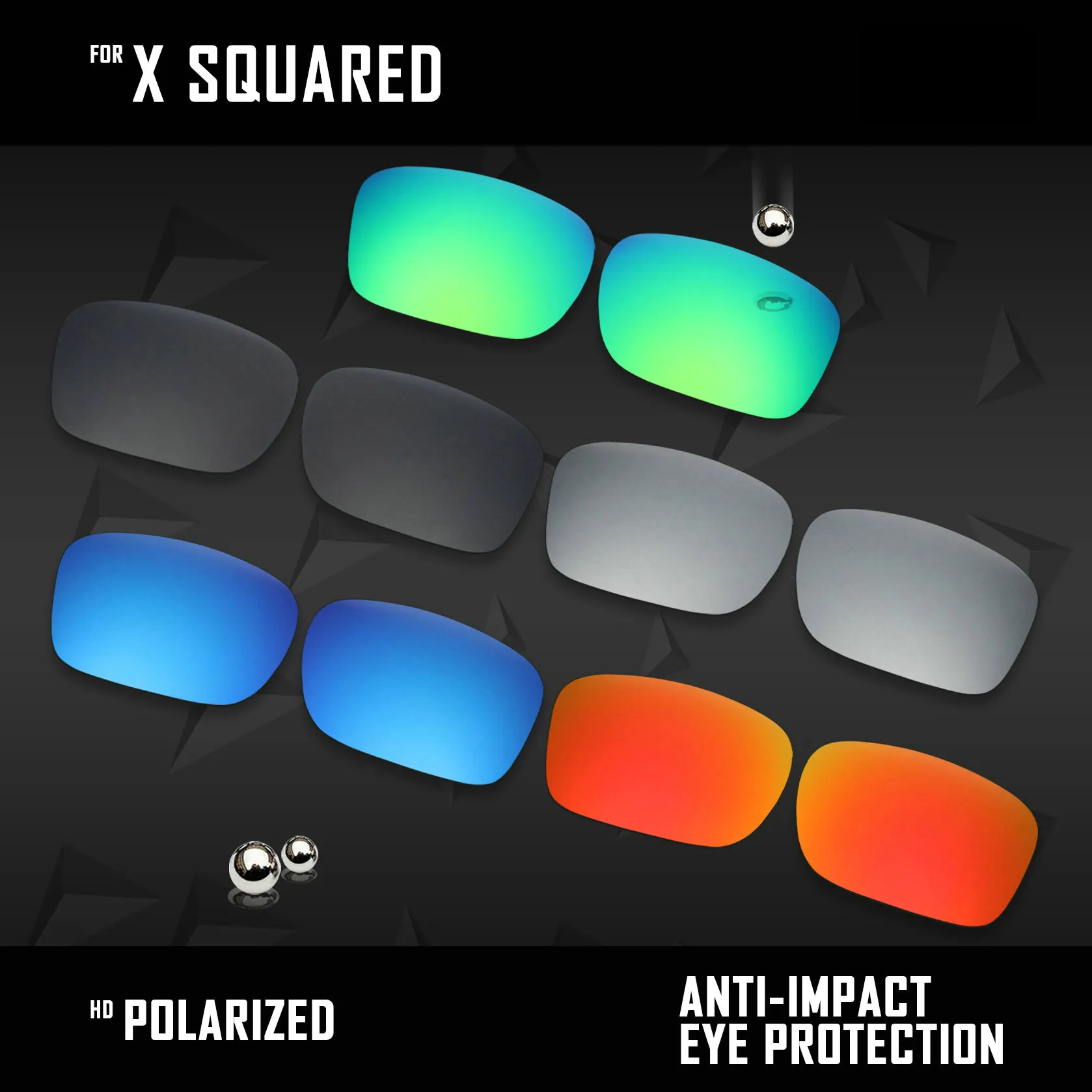 OOWLIT 5 Pairs Polarized Sunglasses Replacement Lenses for Oakley X Squared OO6011-Black&Silver&Ice Blue&Fire Red&Emerald Green