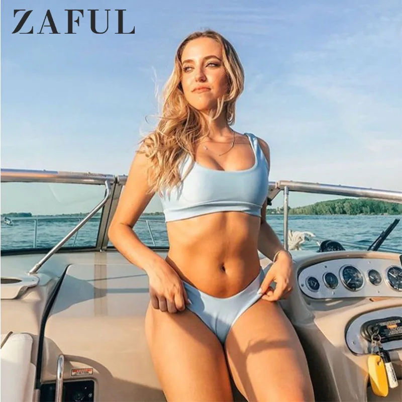 ZAFUL Бикини Женщины Мягкие Высокие Ноги Бикини Установить Сексуальный Твердый Купальник с Низкой Талией Шеи Купальники Летний Пуш Ап Купальный Костюм