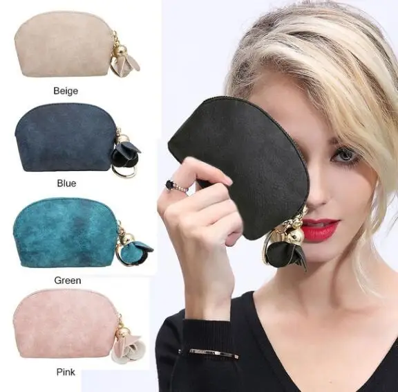 

Women Lady New Hot Sell Leather Small Coin Card Key Flower Pendant Wallet Pouch Mini Purse Pure Color Flower Pendant Coin Purse