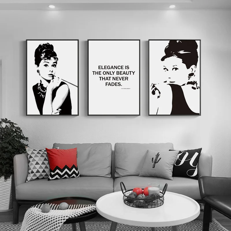 Черный белый цвет Одри Хепберн Wall Art Холст Картина котировки в минималистском
