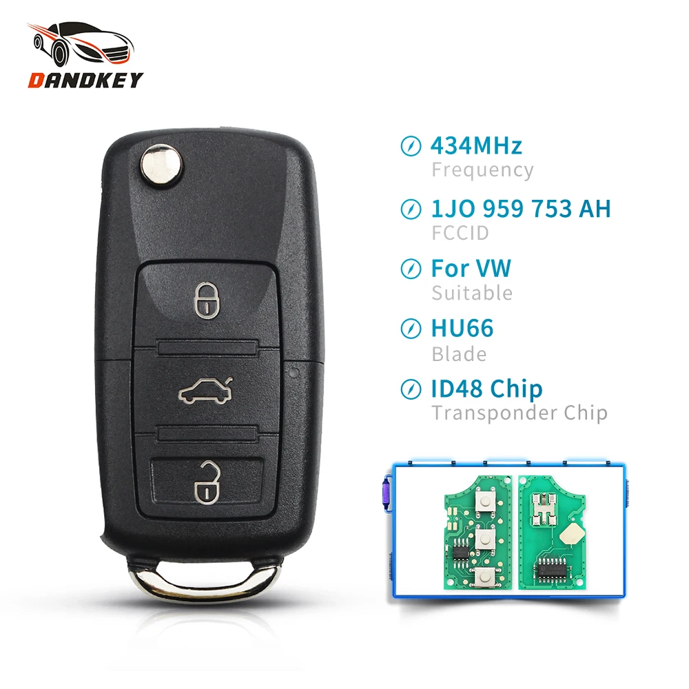Dandkey Автомобильный Дистанционный складной ключ Flid ASK 1J0959753DA 433 МГц ID48 для Vw Passat/Bora/Polo/Golf/Beetle 2001/2/3/4/5/6/7/8/9