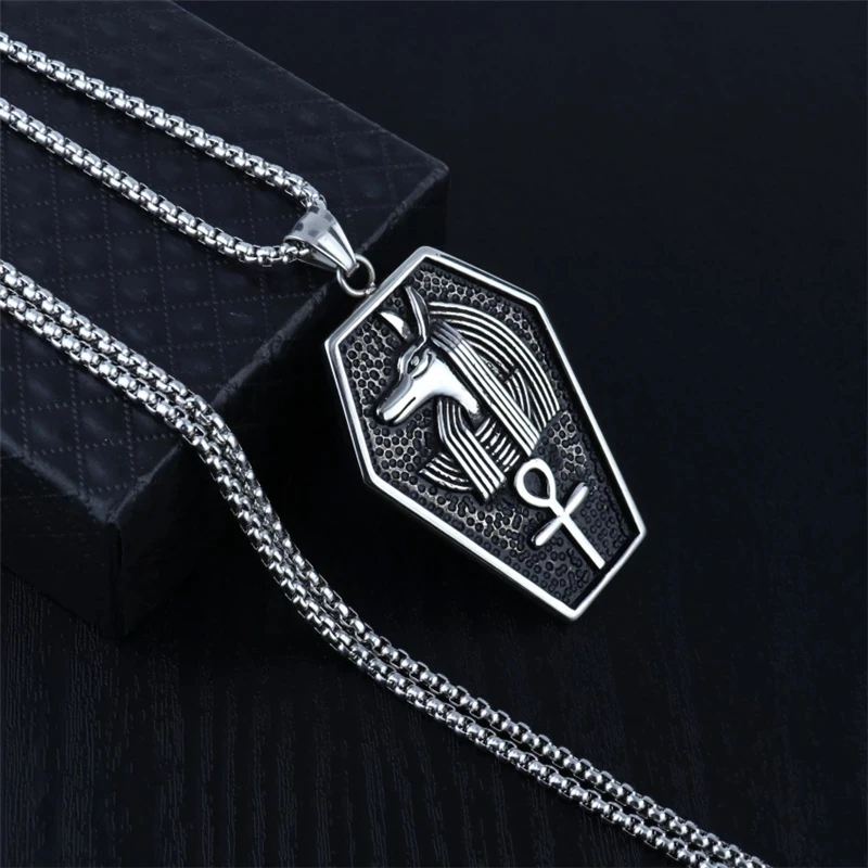 

Punk Silver Color Stainless Steel Egypt Ankh Cross Anubis Pendants Necklace for Men Rock Jewelry High Quality