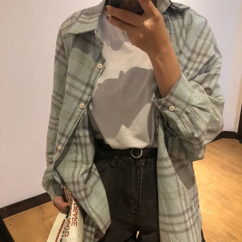 

QWEEK Women Plaid Shirt Oversized Checkered Button Up Top Korean 2021 Fashion Streetwear Harajuku Beautiful Blouses Ladies Chic