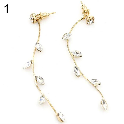 Женские модные элегантные длинные серьги Стразы линейные в виде веток из листьев