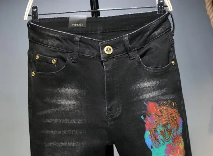 Men's micro-stretch jeans trousers original design New european american embroidered cross medal small straight trendy Pants